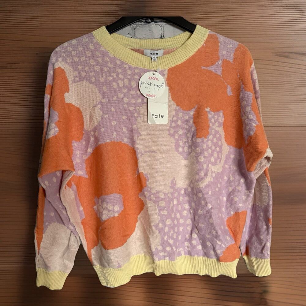 FATE Harris Sweater, Long Sleeve Bright/Colorful Pastel Floral, NWT, Sz Medium